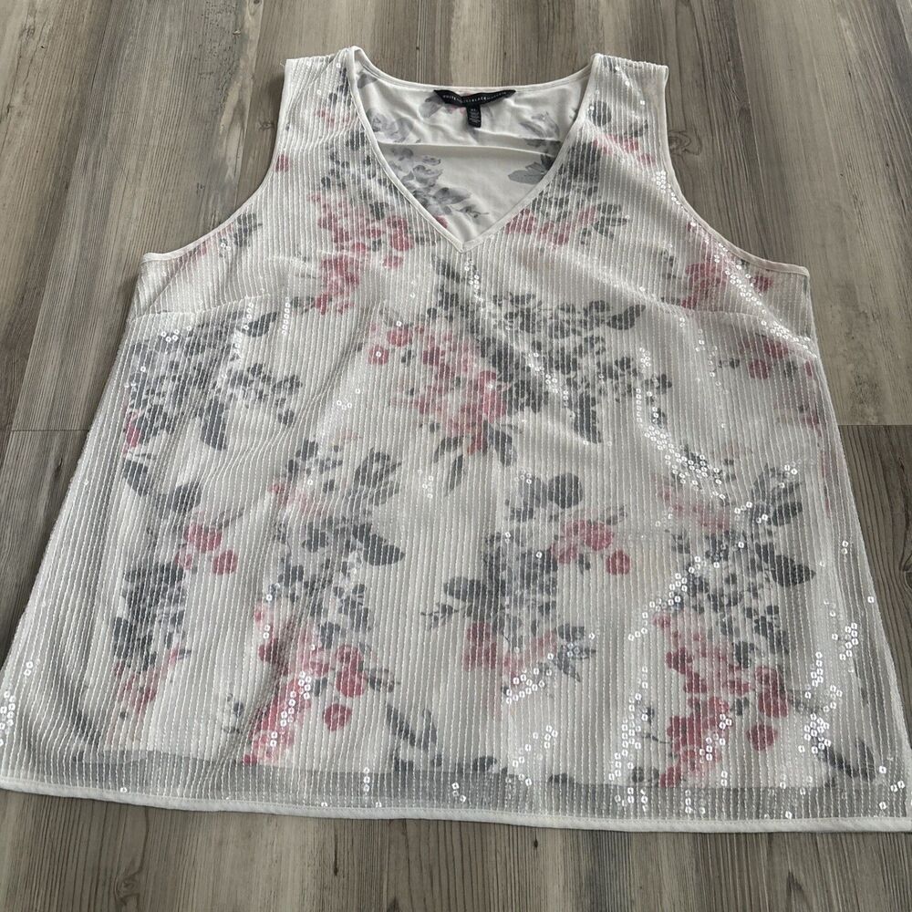 White House Black Market Sequin Overlay Romantic Cottagecore Floral Blouse XL